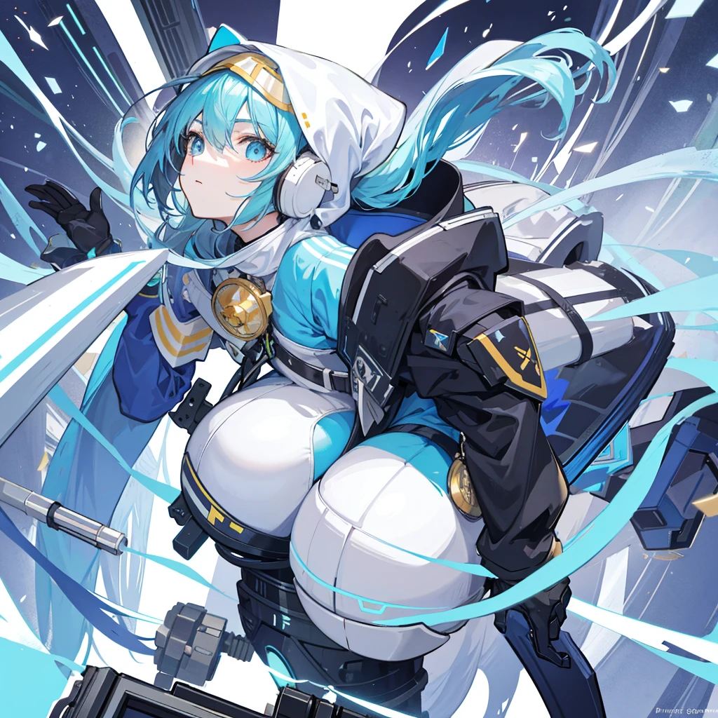 One huge breasted girl，solo，Pentacephalus，Small man，light blue hijab，Black Officer&#39;s Cap，The black policeman opened his coat.，polite smile，Blue Eye Color，Eagle，Sky Sky，[White background 1：：5]，(Full Body Lesbian)，2D Style，Game stand up drawing style