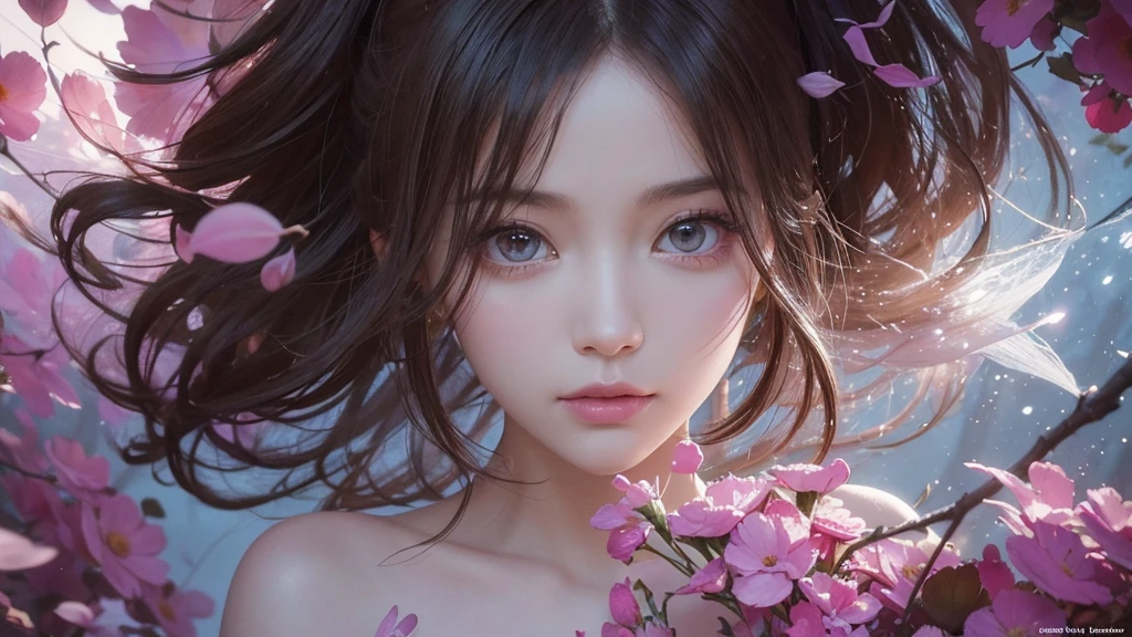 32k, Masterpiece, Highest quality, One girl, Detailed eyes, flower,Sandersonia, Pink and brown style,A dreamy, romantic piece,Pale pink, Mysterious Leaves,A playful arrangement,Fantasy,High Contrast,Ink strokes,explosion,Exposure, Impression of pink and brown tones,Abstract,((Watercolours by John Berkey and Jeremy Mann )) Brush strokes,Negative Space, Tyndall effect,