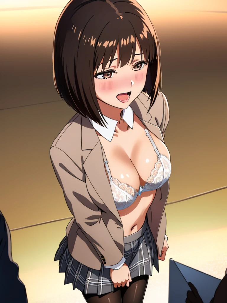 masterpiece, best quality, high quality, perfect anatomy, ultra detailed, perfect design,
BREAK,
high school girl, beautiful detailed face, realistic skin, (shiny glossy skin),
BREAK,
brown eyes, ((realistic eyes)), ultra detailed eyes, beautiful high light eyes, (narrow eyes), ((droopy eyes)), (big eyes), (wide-set eyes), double eyelids, ((half closed eyes)),
BREAK,
brown hair, ((bob cut)), ((straight hair)), (medium side hair), thin hair, (swept bangs), shiny glossy hair,
BREAK,
seductive smile, (open mouth), tongue out, (feeling weak), ((embarrassed)), (nose blush),
BREAK,
((white solid bra)), ((white solid panties)),
BREAK,
(school uniform, light brown jacket/blazer), (((long sleeve white shirt, unbutton, open clothes))), ((gray check pattern printed skirt)), (((black pantyhose))), small breasts, breasts exposed, cleavage, big areola, erection of nip-ples, camel-toe, wind lift,
BREAK,
(standing), (((show off bra))), (spread legs), ((from above)), (((looking up))), (((focus face))),
BREAK,
(classroom), top light, warm light
