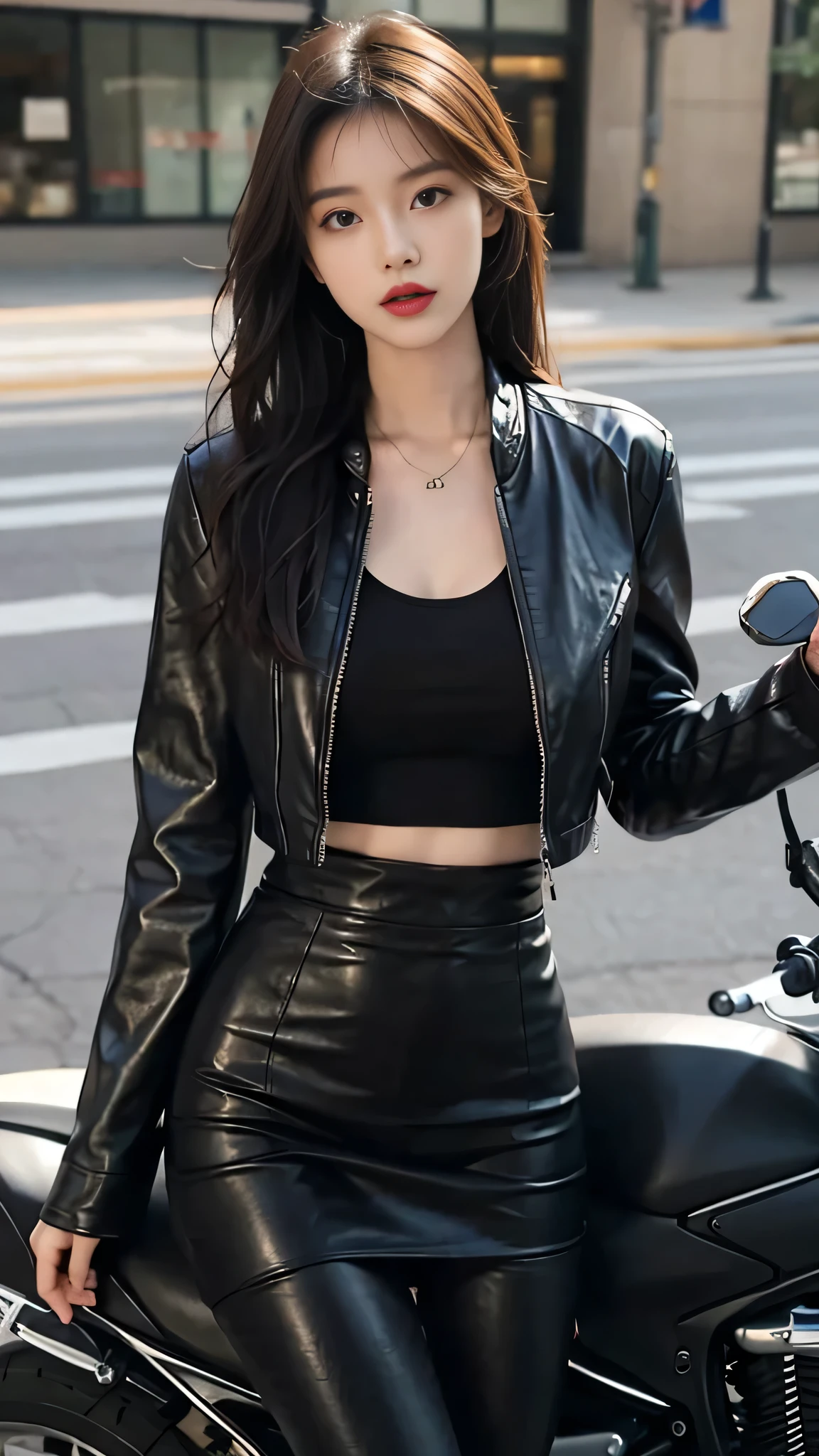 araffe woman in black tight leather dress sitting on a motorcycle, korean women's fashion model, korean girl, leather seductive clothes, by Yang J, dressed in biker tiny leather, she wears leather long jacket, leather tight clothing, leather, black leather slim clothes, beautiful south korean woman, wearing leather jacket, dressed in short leather jacket, korean woman, gorgeous young korean woman