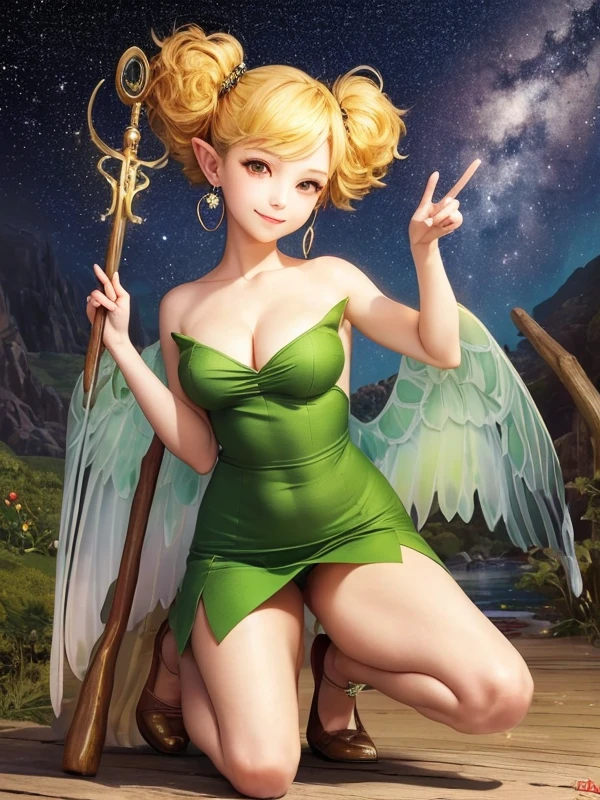 ((masterpiece)),((best quality)),1girl, tiki, (smile), starry sky, (perfect hand:1.3),gesture, earrings,shining stars,full body, green dress, wooden staff,one knee,