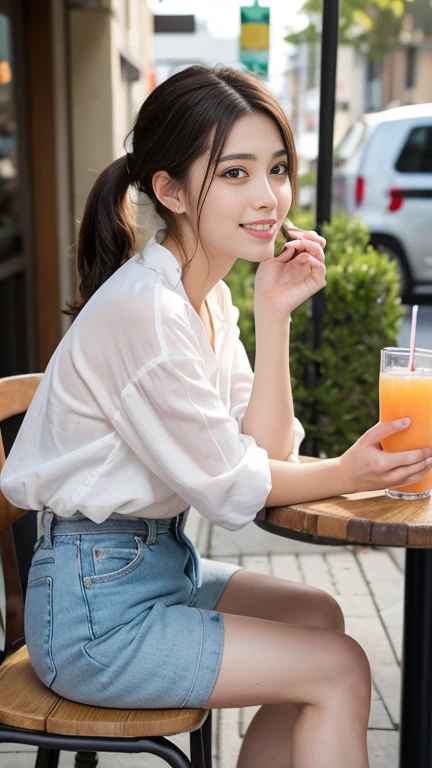 highest quality、masterpiece、High sensitivity、High resolution、terrace、Iced Cafe Au Lait、straw、Thin thighs、