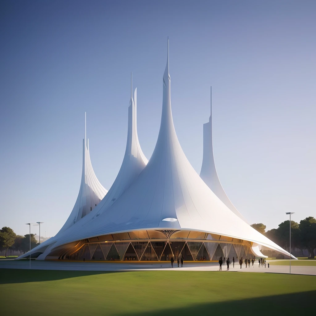 People walking around a white building,There is a clock on the top of the building, Futuristic Church, Smooth surface,Line Fade,tent architecture, Futuristic Palace, by Zha Shibiao, Architectural Visualization, futuristic utopian architecture, Architectural Rendering, Futuristic Persian Palace, Web portals. Zaha Hadid, Architectural Renderinging, Zaha Hadid architecture, Futuristic structure, Zaha Hadid octane highly render, Architectural Rendering, pavilion