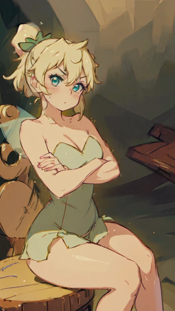 (masterpiece:1.4), (best quality:1.4), (high resolution:1.4), 1girl, tinker bell, short ponytail, fairy wings, green fairy outfit, crossed arms, crossed legs, angry, puffy cheeks, full-face blush, looking at viewer, 