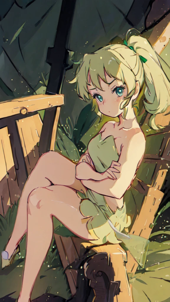 (masterpiece:1.4), (best quality:1.4), (high resolution:1.4), 1girl, tinker bell, short ponytail, fairy wings, green fairy outfit, crossed arms, crossed legs, angry, puffy cheeks, full-face blush, looking at viewer, 