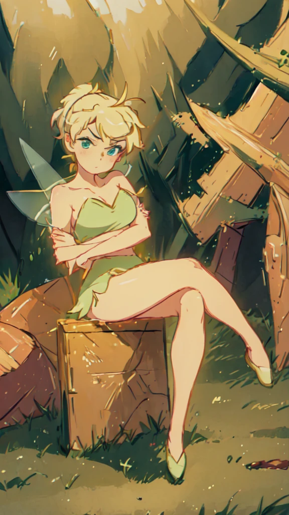 (masterpiece:1.4), (best quality:1.4), (high resolution:1.4), 1girl, tinker bell, short ponytail, fairy wings, green fairy outfit, crossed arms, crossed legs, angry, puffy cheeks, full-face blush, looking at viewer, 