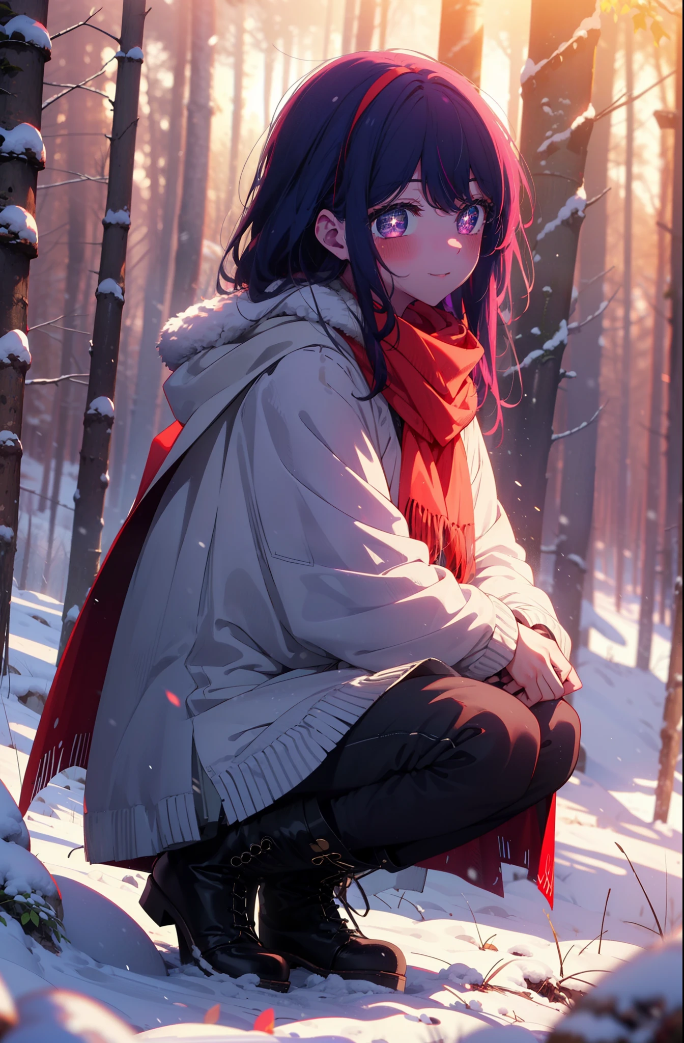 aihoshino, Ai Hoshino, Long Hair, bangs, (Purple eyes:1.1), Purple Hair, (Symbol-shaped pupil:1.5), smile,,smile,blush,White Breath,
Open your mouth,snow,Ground bonfire, Outdoor, boots, snowing, From the side, wood, suitcase, Cape, Blurred, , forest, White handbag, nature,  Squat, Mouth closed, Cape, winter, Written boundary depth, Black shoes, red Cape break looking at viewer, Upper Body, whole body, break Outdoor, forest, nature, break (masterpiece:1.2), Highest quality, High resolution, unity 8k wallpaper, (shape:0.8), (Beautiful and beautiful eyes:1.6), Highly detailed face, Perfect lighting, Highly detailed CG, (Perfect hands, Perfect Anatomy),