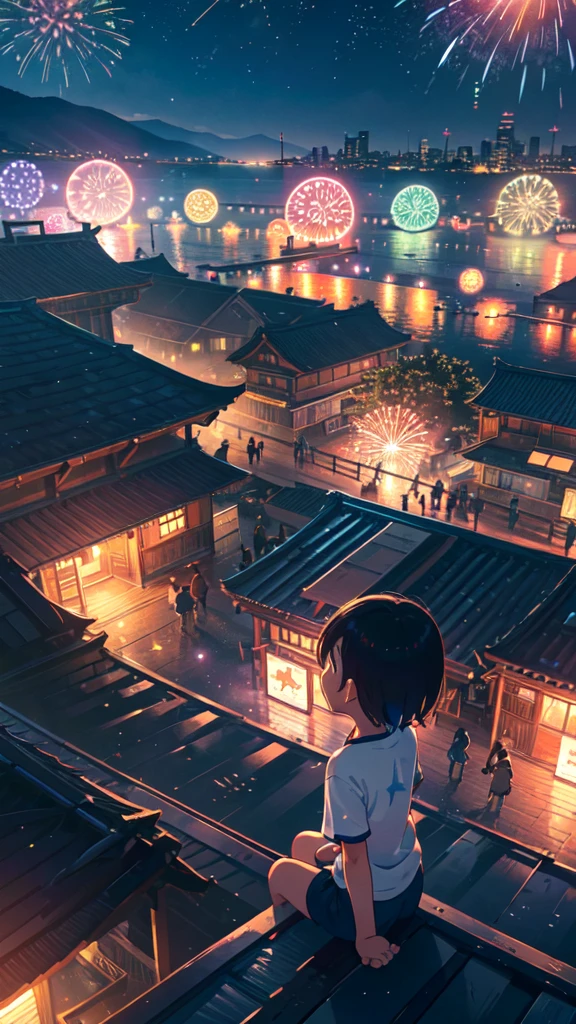 Summer festival, fireworks from the rooftop, mysterious, children in shorts, happy expressions, stars all over the place, colorful world,