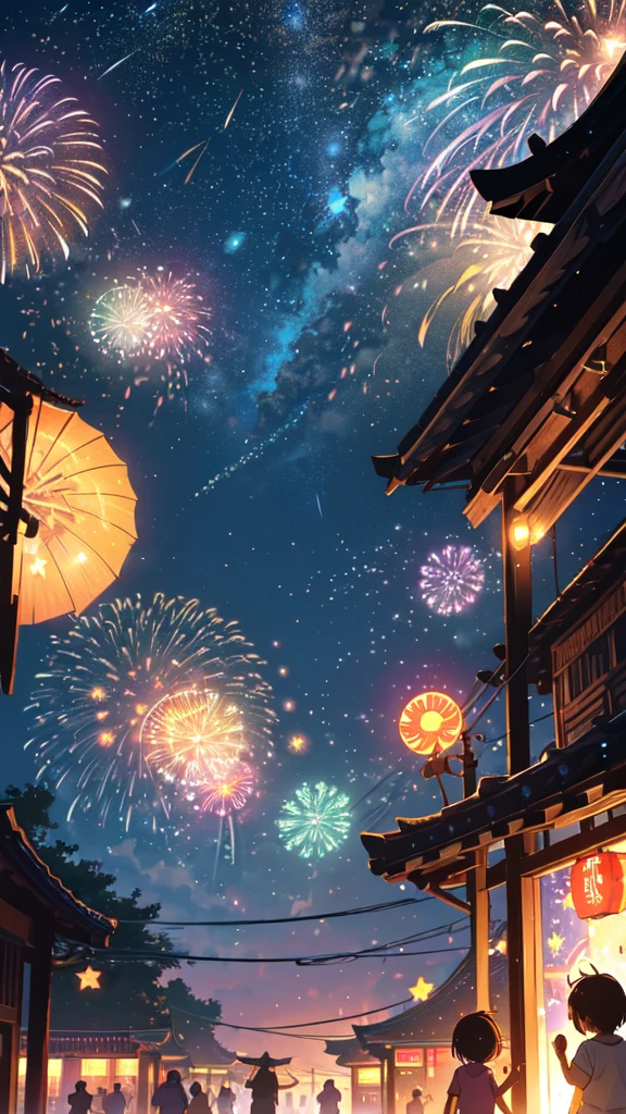 Summer festival, fireworks from the rooftop, mysterious, children in shorts, happy expressions, stars all over the place, colorful world,