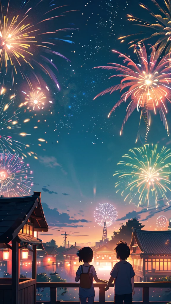 Summer festival, fireworks from the rooftop, mysterious, children in shorts, happy expressions, stars all over the place, colorful world,