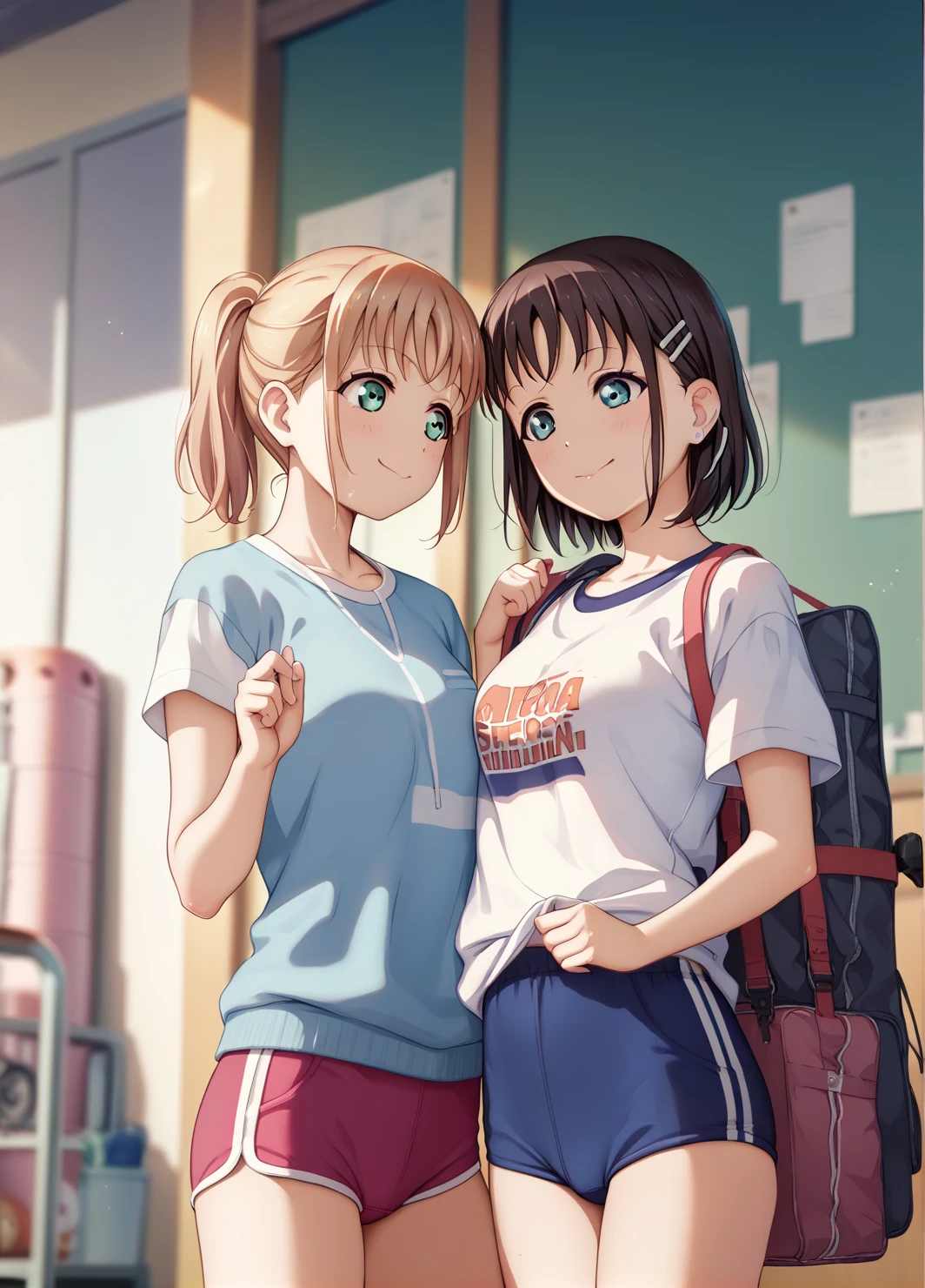 Two Girls、Are standing、Watanabe You-chan and Takami Chika-chan　gym clothes　Buruma 