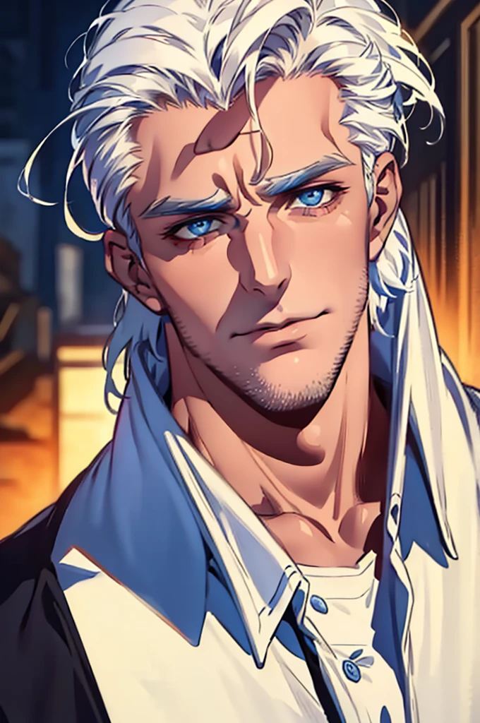 ((masterpiece:1.2, Best quality)), 4k, adult, European face, 1 person, male, , masculine, Beautiful, tall, dark casual wear, White skin, white hair, blue eyes s, portrait, sunset, man, adult man
