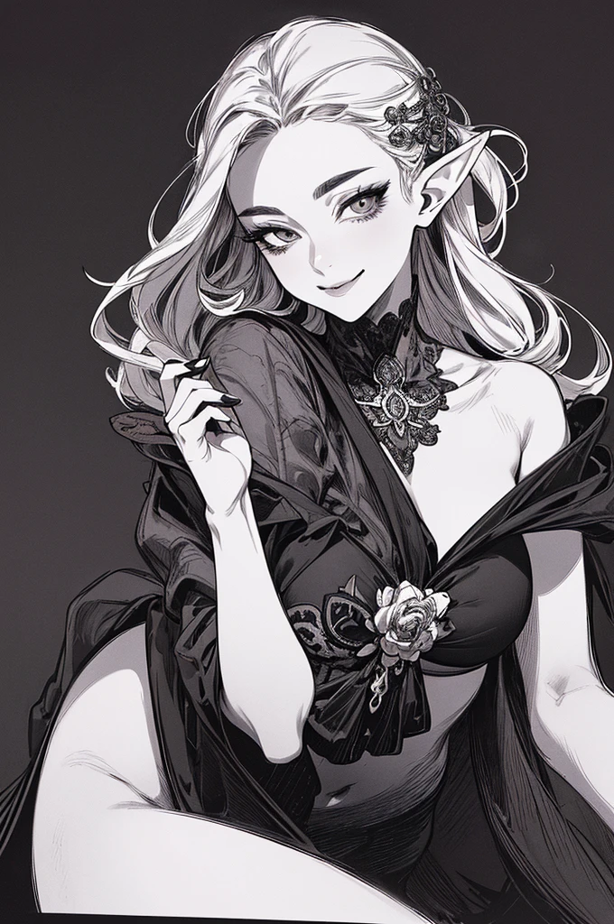 in front of bra, Highest quality, (Background details), High Contrast, One very beautiful woman, Detailed original illustrations、Functional、Delicate face、Alluring、Villainess、sexy、Real breasts、Crazy Smile, Crazy Eyes, Elf, Head close-up, Black Robe, Black background, (Black background: 1.5), Beautiful line drawing、Monochrome