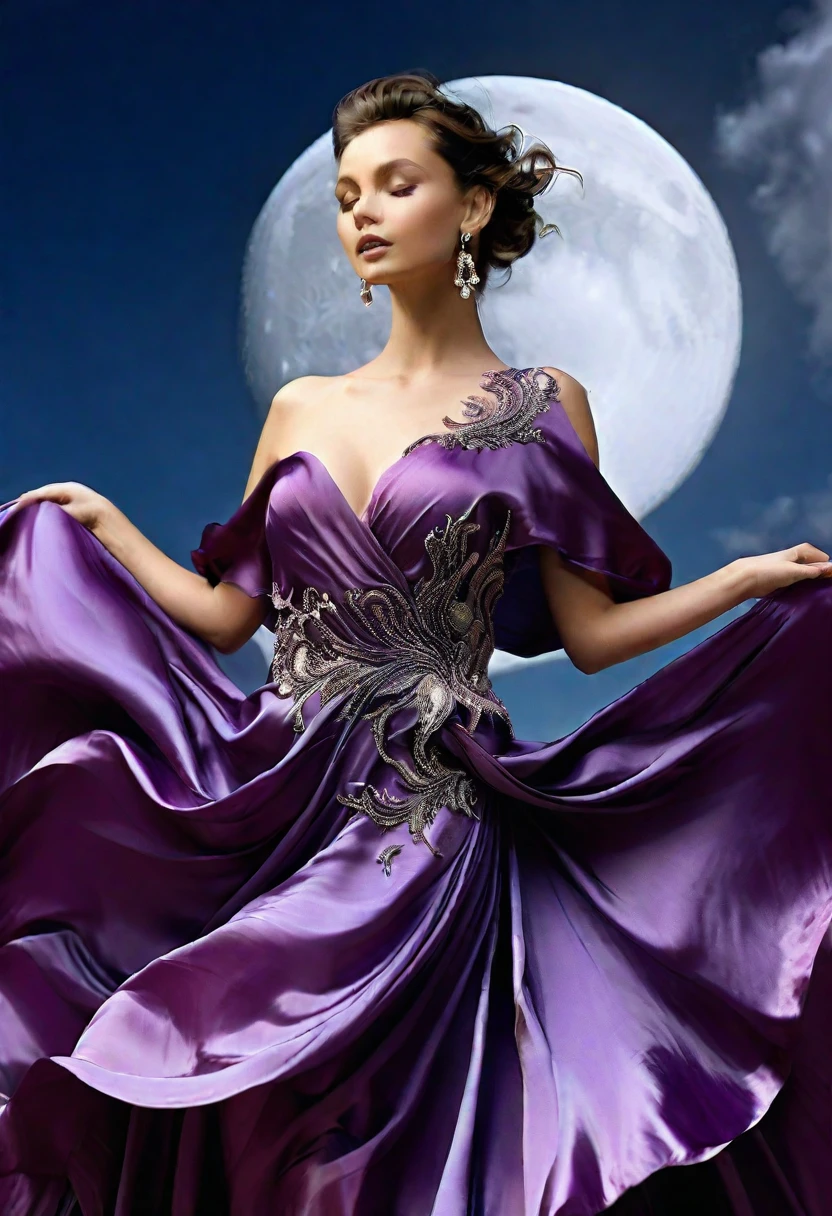 Long flowing skirt, arms and back exposed, sparkling, ideal figure, large bust and fair skin, wearing gorgeous deep purple satin evening dress, wearing big black pearl necklace and gorgeous accessories, dancing in the air with moon in background, face not visible. (Best Quality, 4k, 8k, High Resolution, Masterpiece: 1.2), Ultra Detailed, (Realistic, Photorealistic, Photorealistic: 1.37), Intricate Details, Cinematic Lighting, Dramatic Pose, Elegant, High Fashion, Dramatic Colors, Beautiful Fabric Textures