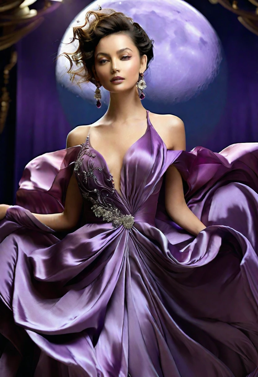 Long flowing skirt, arms and back exposed, sparkling, ideal figure, large bust and fair skin, wearing gorgeous deep purple satin evening dress, wearing big black pearl necklace and gorgeous accessories, dancing in the air with moon in background, face not visible. (Best Quality, 4k, 8k, High Resolution, Masterpiece: 1.2), Ultra Detailed, (Realistic, Photorealistic, Photorealistic: 1.37), Intricate Details, Cinematic Lighting, Dramatic Pose, Elegant, High Fashion, Dramatic Colors, Beautiful Fabric Textures