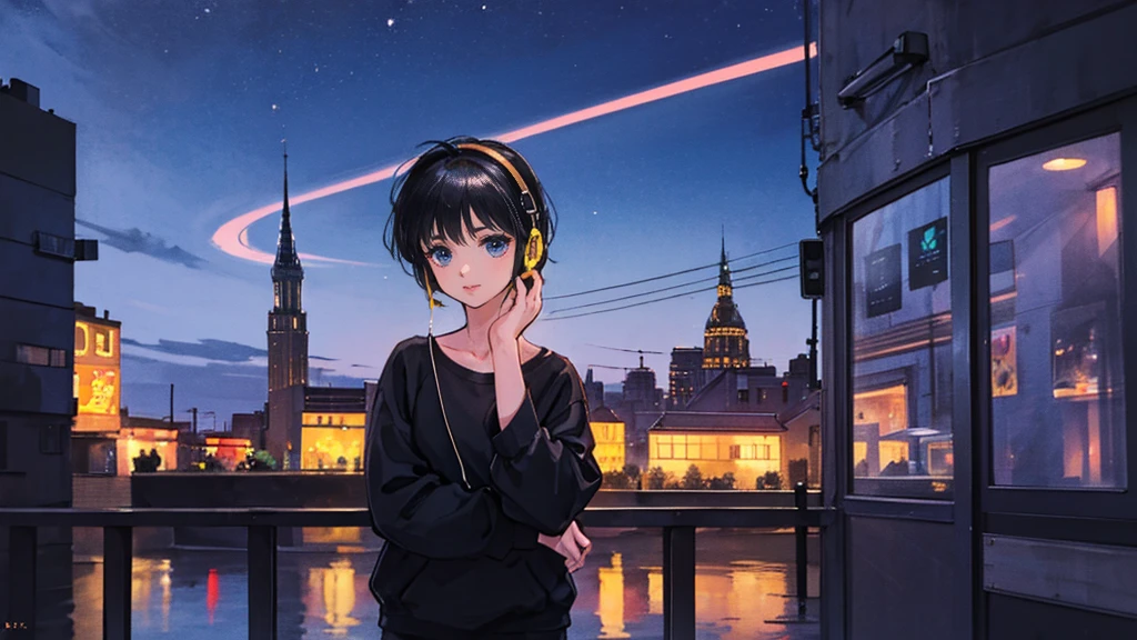 Black short Hair, Black Clothing, One Adult Woman Looking Sideways ,Blue headphones、 City of night, Delicate background、Masterpiece、Night Town、night、dark、Nostalgic、Ancient Capital