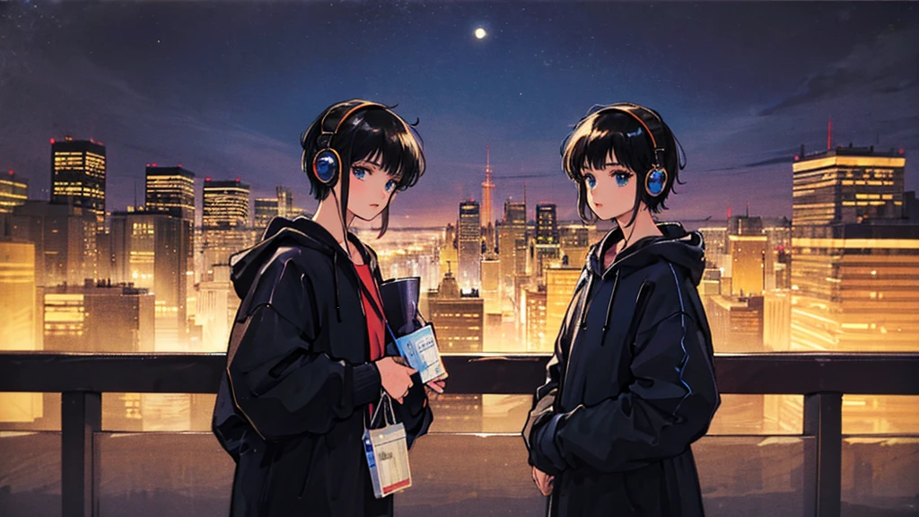 Black short Hair, Black Clothing, One Adult Woman Looking Sideways ,Blue headphones、 City of night, Delicate background、Masterpiece、Night Town、night、dark、Nostalgic、Ancient Capital