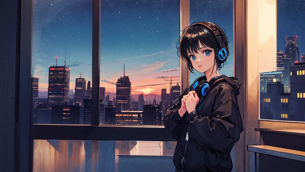 Black short Hair, Black Clothing, One Adult Woman Looking Sideways ,Blue headphones、 City of night, Delicate background、Masterpiece、Night Town、night、dark、Nostalgic、Ancient Capital