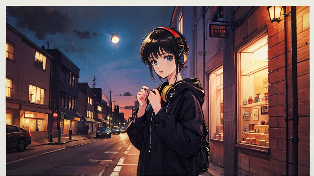 Black short Hair, Black Clothing, One Adult Woman Looking Sideways ,Blue headphones、 City of night, Delicate background、Masterpiece、Night Town、night、dark、Nostalgic、Ancient Capital