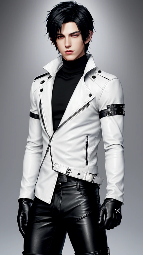Final fantasy taste and reality graphics, Japanese young cute and cool ikemen boy, his age is early 20s, thin eyebrows and beady eyes, he wearing off white color leather thick singlebrest biker jacket, with epaulet, jacket front is zipped up, jacket is biker style, , jacket collar is high length stand-up collar with belts, jacket is a little black line pattern,close the front of the jacket, also wearing black thick turtleneck lackluster shirts, tight black leather pants, shiny black leather tight and thin glove, black leather knee-high raceup boots,must views head-to-toe,must views whole body, boy looks like fashion model,Do not show skin from the neck down,leather jacket leather glove and leather pants have few wrinkles,boy in the room,