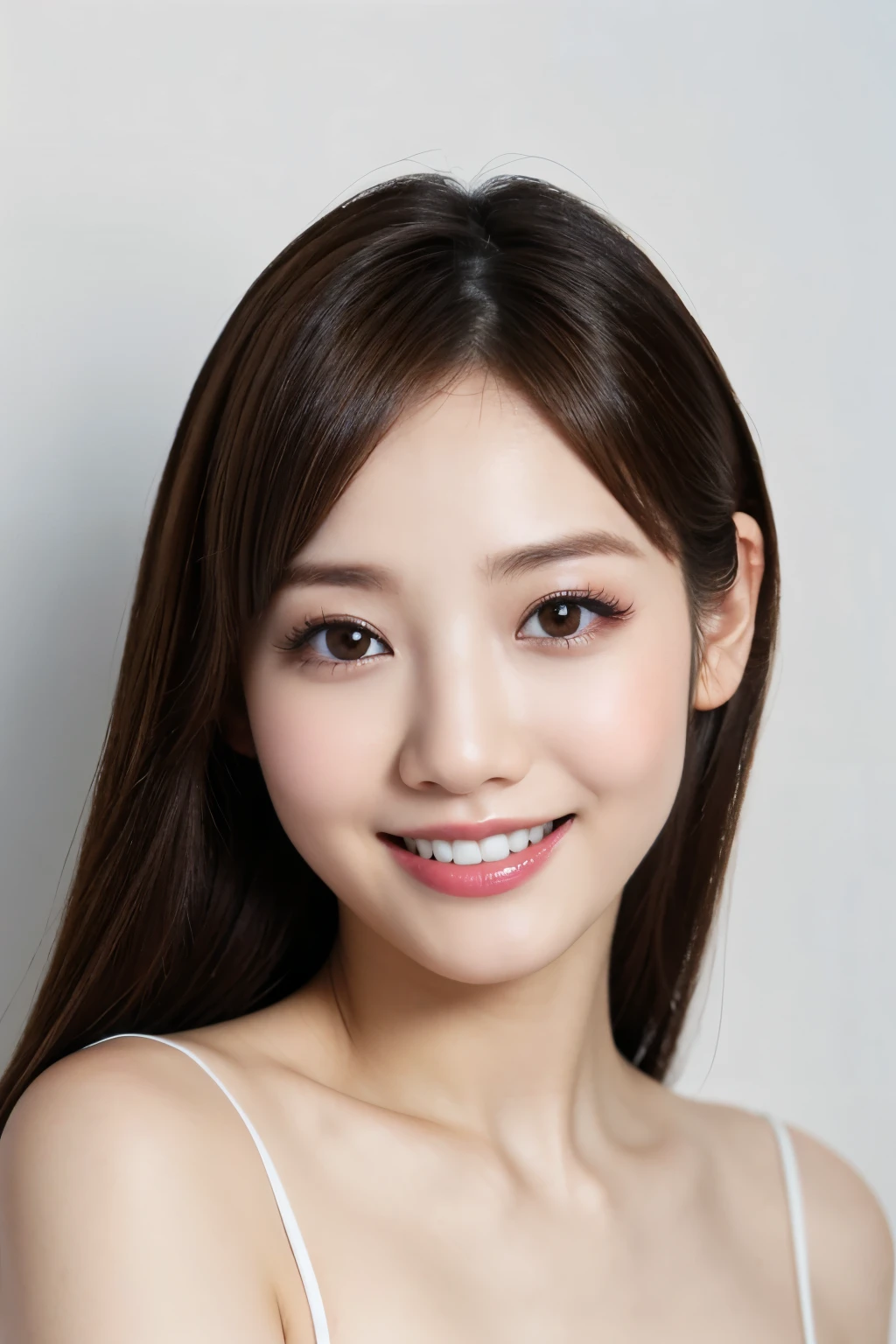 (Highest quality、Tabletop、8K、Best image quality、Award-winning works)、(Face close-up:1.2)、(Pure white background:1.2)、(nude:1.1)、Biggest Smile、perfect beautiful teeth、Perfect beautiful face、Glowing Beautiful Skin、Perfect Makeup