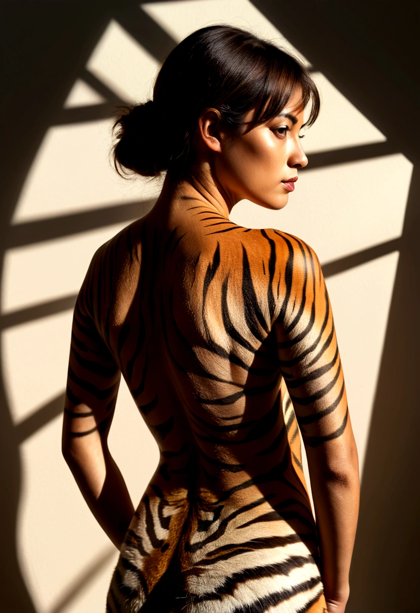 photoillustrasion of double exposure of merged, a woman, a tiger (transparency effect shadow on her back),  seamless mix, texture and pattern, transparency effect, dramatic shadows and lights, interlacing elements, back view