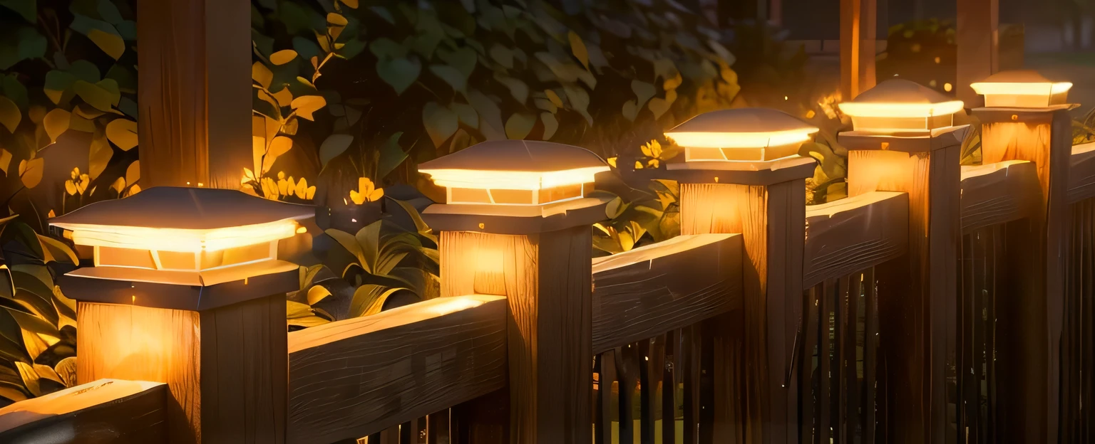Close-up of the fence,There is a row of lights on top, soft filtered outdoor lighting, outdoor lighting, warm glow from the lights, volumetric outdoor lighting, cinematic outdoor lighting, Artificial warm lighting, Warm volumetric light, Warm and dreamy lighting, outdoor lighting, Lighting side view, Warm and cold lighting, Warm dynamic lighting, Warm lantern lighting, Outdoor lighting