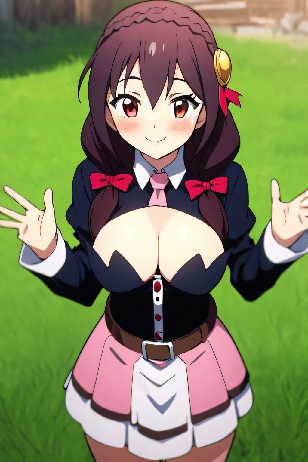 (masterpiece, Highest quality), One girl, Yunyun,Long Hair,Braiding,Twin tails,Hair between the eyes,Red hair ribbon,hair ornaments,large round breasts,、Pink Skirt、Black Hair、Red Eyes、(smile:1.2)、grassland、Crown Blade,Black Shirt, Long sleeve,Pink tie, belt, Cleavage cutout、cowboy shot、(blush)、Young face