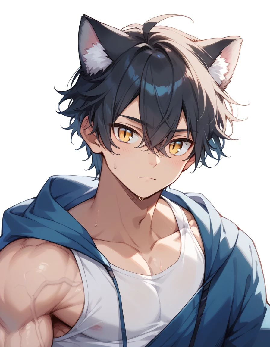 (score_9,score_8_up,score_7_up,score_6_up,score_5_up,score_4_up), best quality, best lighting, high-definition background, 1 boy, muscled, black hair, medium hair, mullet hairstyle, hair between eyes, yellow eyes, slit eyes, gray cat ears, gray tiger tail, completely naked, ((veiny arms)), ,(huge veiny penis, big and heavy testicles), flaccid, foreskin, sweaty, white skin, white tanktop