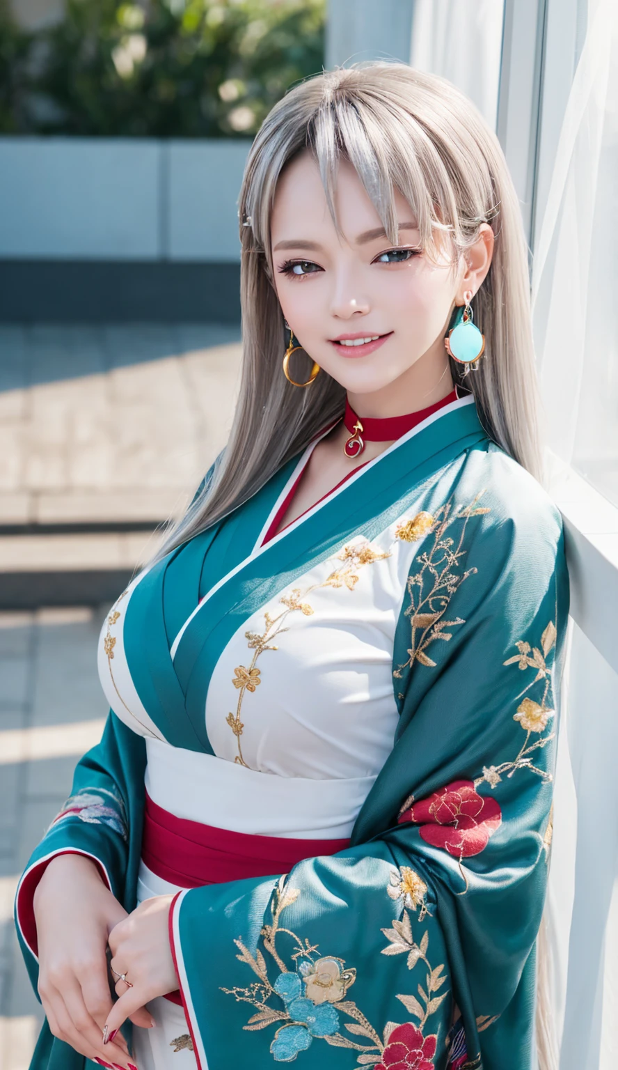 ((One personの女性)), Beautiful Face, ((looking outside:1.5)),Laughing embarrassedly,((Wink:1.9)),Laugh with your mouth wide open((Bright red cheeks:1.4)),Shiny red lips,night,rooftop,Festive decorations,You can see the ocean, firework,Laughing with your mouth open,Glossy pink lips,Lighting on the face,((Anime style background)),masterpiece, Highest quality, so beautiful,Latest, Complex details, (Pink long nails),(ring),(bracelet),(choker),AI-generated, Complex,High resolution, Highest quality, super high quality,3D Images、3D Images,One person,Long white hair,High Ponytail,(blue eyes),Anime woman posing for a photo, ((Fine grain、Silvery white colorful eyes、Shining Eyes:1.4)),(Squint your eyes:1.1),a hyperRealistic , hyperRealistic , Realistic,Anime woman with long and white hair, Smooth anime CG art, A woman in a colorful kimono with gold embroidery, (Black long sleeve kimono),Red floral pattern,Long flower hair ornament,Big earrings,Mature Body,(Big Breasts:1.1),Tall,Abdominal muscles,Narrow waist,(Zoom in on face:1.7),Shooting from below at an angle