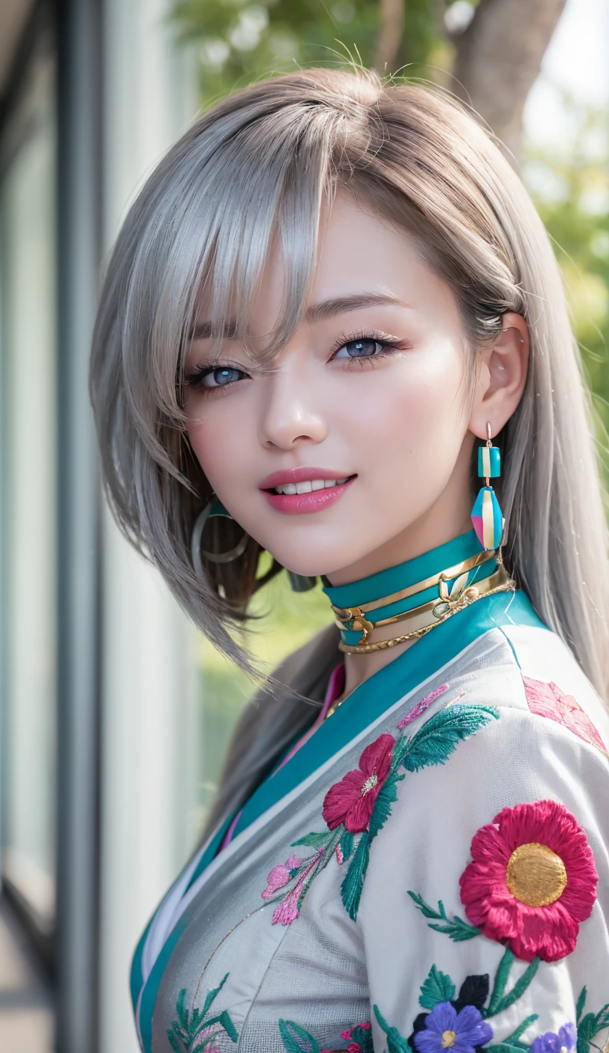 ((One personの女性)), Beautiful Face, ((looking outside:1.5)),Laughing embarrassedly,((Wink:1.9)),Laugh with your mouth wide open((Bright red cheeks:1.4)),Shiny red lips,night,rooftop,Festive decorations,You can see the ocean, firework,Laughing with your mouth open,Glossy pink lips,Lighting on the face,((Anime style background)),masterpiece, Highest quality, so beautiful,Latest, Complex details, (Pink long nails),(ring),(bracelet),(choker),AI-generated, Complex,High resolution, Highest quality, super high quality,3D Images、3D Images,One person,Long white hair,High Ponytail,(blue eyes),Anime woman posing for a photo, ((Fine grain、Silvery white colorful eyes、Shining Eyes:1.4)),(Squint your eyes:1.1),a hyperRealistic , hyperRealistic , Realistic,Anime woman with long and white hair, Smooth anime CG art, A woman in a colorful kimono with gold embroidery, (Black long sleeve kimono),Red floral pattern,Long flower hair ornament,Big earrings,Mature Body,(Big Breasts:1.1),Tall,Abdominal muscles,Narrow waist,(Zoom in on face:1.7),Shooting from below at an angle