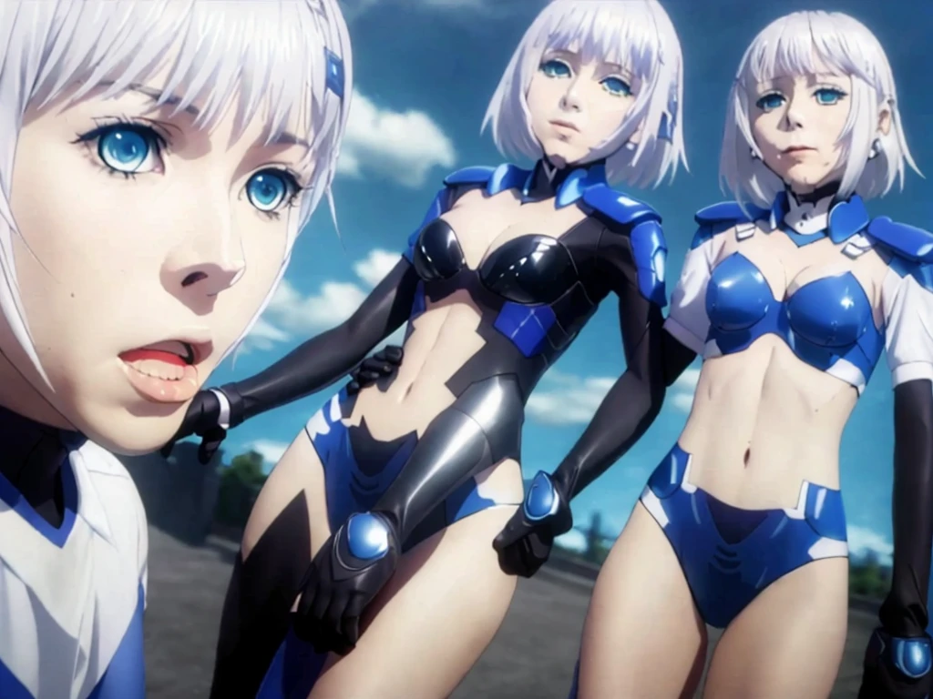2girls, multiple girls, two female characters, half-siblings, dual persona, height difference, crossover, friends, anime style, 4k quality, masterpiece, best quality, "Kanase Kanon blue eyes, White hair, side braid, braid, blue ribbon, hair ribbon, medium hair, small breasts, neatfigure, age girl, Height 158 cm", "Tobiichi Origami white hair, short hair, blue eyes, hairclip, beautiful eyes, detailed eyes, small breast, height 152 cm ", adopted costume, cosplay, fortified suit, bodysuit, pilot suit, fortified suit, ((shiny clothes)), ((blue :1.3) plugsuit), ((black :1.3) armored), glossy, pilot suit, armored bodysuit, impossible clothes, impossible bodysuit, headgear, interface headset, chin protector, The suit's chin guard is notably absent in Alternative's anime adaptation, smile, closed mouth, standing, face-to-face, looking at another, holding hands,