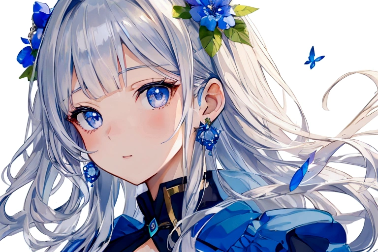 (masterpiece), Highest quality, girl, alone, (trench jack)、Quilted Skirt、
a extremely delicate and beautiful girl, Perfect detail, Very detailedなイラスト, Close-up of girl, girls front, Close-up shot, Tilt your head, Handsome figure, Very long hair, Short wavy thin hair, Asymmetrical bangs, Eyes visible through hair, Light silver hair, Beautiful fine hair, Happy, Delicate eyelashes, Bright Blue Eyes, With blue decoration, Blue hair ornament, Earrings, wallpaper 8k CG, super high quality, Very detailed,nature, flower、{{{{Small breasts}}}}、highlight