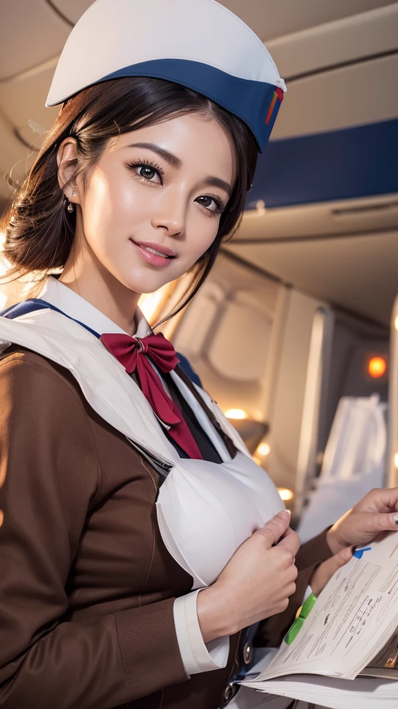 (((32k))), RAW Photos , (Highest quality, detailed:1.2), Ultra-high resolution, Age 35 , (非常に繊細でdetailed), (非常に複雑なdetailed), masterpiece, Highest quality, (Shiny skin), Clear lines, soft, Perfect body, Big Breasts, Cute Smile, Bambi Face, (flight attendant:1.7),