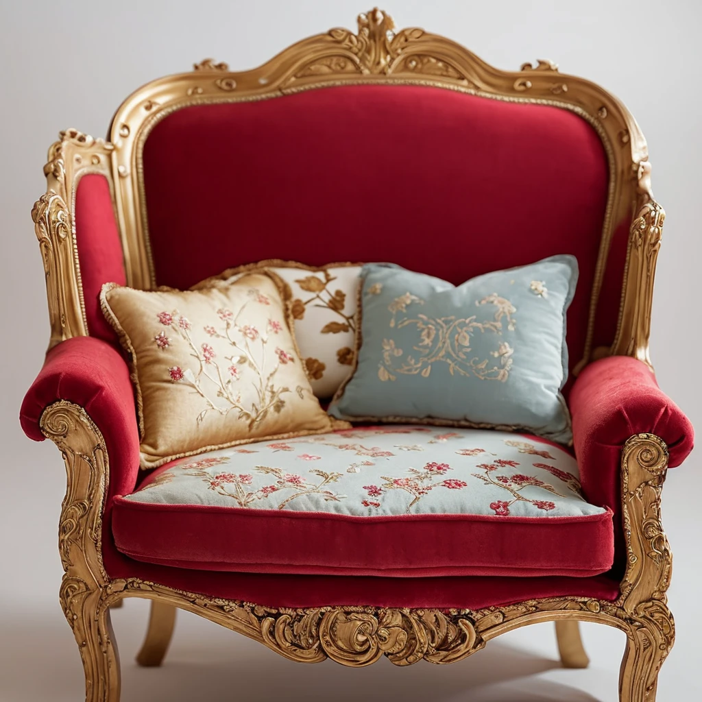 An antique velvet sofa, diminutive in scale, sits serenely against a pure white background, reminiscent of a whimsical anime setting. Delicate golden accents adorn the intricately carved wooden legs, while plush crimson cushions evoke a sense of nostalgic elegance. Soft, warm light dances across the sofa's surface, imbuing the scene with a cinematic quality. Hints of pale blue and mauve whisper through the background, as if echoes of forgotten memories. The overall aesthetic is dreamy, inviting, and utterly enchanting.