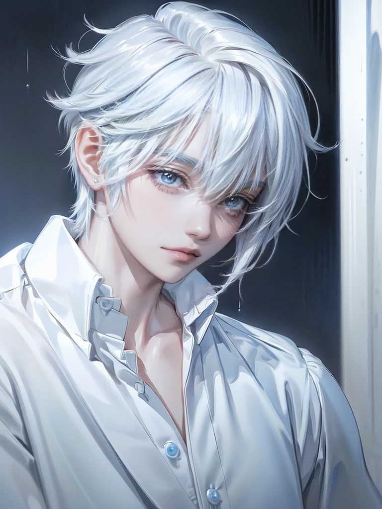 ((4K works))、masterpiece、(top-quality)、One beautiful boy、Slim body、tall、((White Y-shirt and white pants、Charming style))、(Detailed beautiful eyes)、brilliant eyes, tears, Dark Night City、Fantastic city at midnight、((Face similar to Carly Rae Jepsen))、((Short-haired white hair))、((Smaller face))、((Neutral face))、((Bright blue eyes))、((Cool Men))、((Like a celebrity))、((Crying expression))、((sad look))、((Korean Makeup))、((elongated and sharp eyes))、((boyish))、((Upper body photography))、Professional Photos、((Shot alone))、((He is looking up at the sky under the roof))、((Shot from the side))、((Crying profile))、((Face crying in pain))、((He is looking upwards))、((His eyes are looking down))、((He stands next to the viewer))、((He who cries))、
