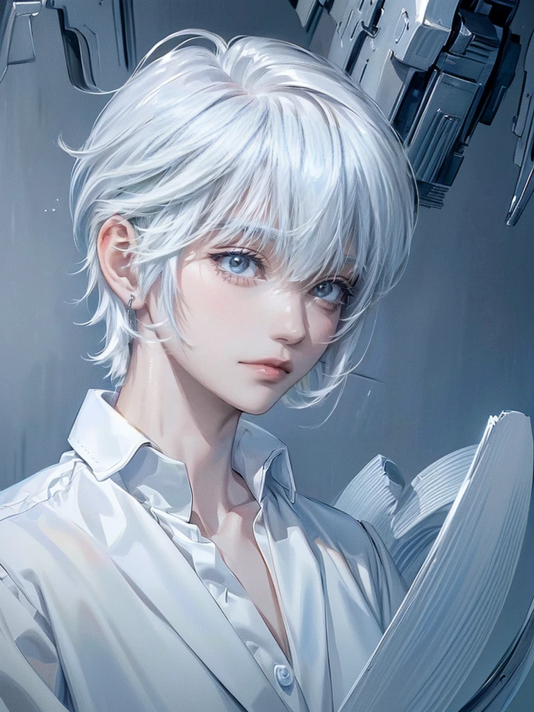 ((4K works))、masterpiece、(top-quality)、One beautiful boy、Slim body、tall、((White Y-shirt and white pants、Charming style))、(Detailed beautiful eyes)、brilliant eyes, tears, Dark Night City、Fantastic city at midnight、((Face similar to Carly Rae Jepsen))、((Short-haired white hair))、((Smaller face))、((Neutral face))、((Bright blue eyes))、((Cool Men))、((Like a celebrity))、((Crying expression))、((sad look))、((Korean Makeup))、((elongated and sharp eyes))、((boyish))、((Upper body photography))、Professional Photos、((Shot alone))、((He is looking up at the sky under the roof))、((Shot from the side))、((Crying profile))、((Face crying in pain))、((He is looking upwards))、((His eyes are looking down))、((He stands next to the viewer))、((He who cries))、