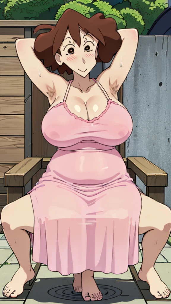 Misae Nohara, (Auntie:1.5), (Mature Woman:1.5), (absurderes, 8K, 4K, masutepiece, hyper extreme detailed:1.2), Best Quality, Perfect Anatomy,Perfect face,High humidity, (Huge breasts:1.7), (A sheer pink nightgown:1.4), (Wet:1.2), (.Alley:1.3), Graffitied wall, Garbage can, Scattered trash, (alone:1.5), (Brown eyes:1.2), (Clothing is revealing:1.2), Exposed shoulders, Torn clothes, Are pregnant, Firm breasts, Upturned nipples, Showing cleavage, Mole on chest, (Thick armpit hair:1.4), (blush:1.2), A kind smile, relief, peace of mind, (maternal:1.3), (Gentle look:1.5), Smiling face, (Outdoor:1.5), (Out:1.3), half closed eyes, naughty face, Sitting in a chair, spread legs