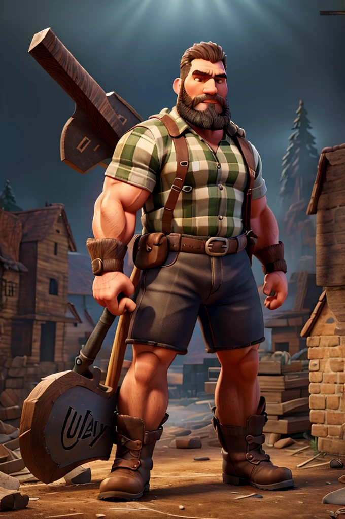 a giant muscular paul bunyan lumberjack,large boots,holding a large axe,detailed face and figure,cinematic lighting,dramatic pose,photorealistic,4k,8k,hyper detailed,intricate details,realistic textures,dramatic shadows,warm color tones,epic landscape background