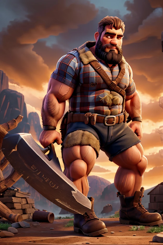 a giant muscular paul bunyan lumberjack,large boots,holding a large axe,detailed face and figure,cinematic lighting,dramatic pose,photorealistic,4k,8k,hyper detailed,intricate details,realistic textures,dramatic shadows,warm color tones,epic landscape background