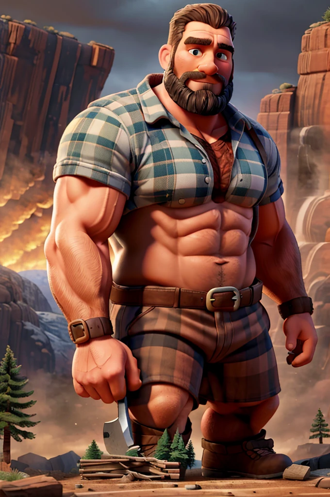 a giant muscular paul bunyan lumberjack,large boots,holding a large axe,detailed face and figure,cinematic lighting,dramatic pose,photorealistic,4k,8k,hyper detailed,intricate details,realistic textures,dramatic shadows,warm color tones,epic landscape background