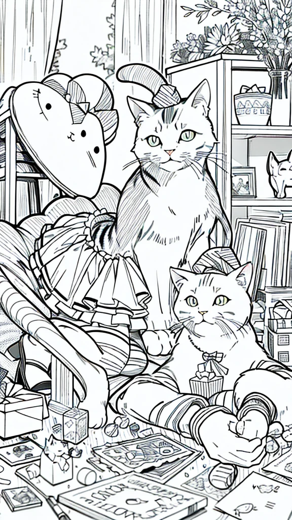 A cat with a party hat, surrounded by presents and a birthday cake. animals. sketch, character lines and scenes without colors and shadows. (Masterpiece, Best Quality, Highers:1.4), Detailed, Intricate Details, 4K, color splashes, line art, animals, cat, cute cats, accurate eyes, ultra high-quality, accurate, detailed lines, no human cat. animals)