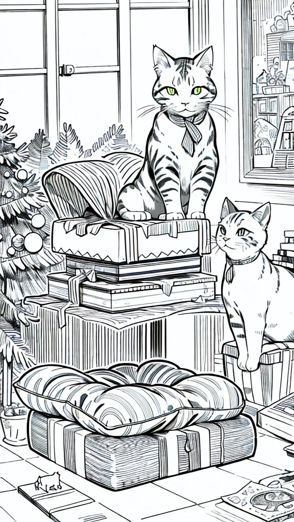 A cat with a party hat, surrounded by presents and a birthday cake. animals. sketch, character lines and scenes without colors and shadows. (Masterpiece, Best Quality, Highers:1.4), Detailed, Intricate Details, 4K, color splashes, line art, animals, cat, cute cats, accurate eyes, ultra high-quality, accurate, detailed lines, no human cat. animals)