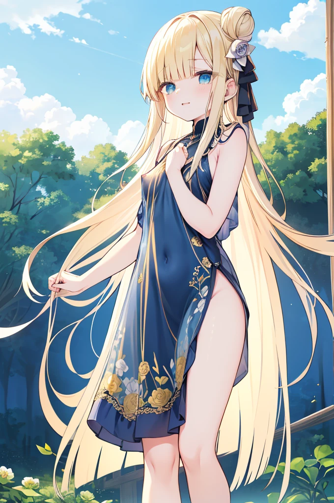 Yellow Hair，Blue eyes，Carly，Adorable，((A look at the see-through navy blue mini dress))，Blue high heels on her feet，whole body，Fingers and arms are not exposed，Blue rose flower field in the background，Blue sky and white clouds，，Happy expression，High quality light and shadow，Artistic Sense((Hair Bun))(Very long hair))((Blunt bangs))((Bitch))((tsurime))((Big eyes))((Skinny body))((expensive))(Pale skin))((Botanical Prints))((infant))((Showing nipples under shirt))(Pale skin))((Botanical Prints))((infant))((nsfw))((((5 years old)))(((infant)))((Lolita)((Naked lower body))