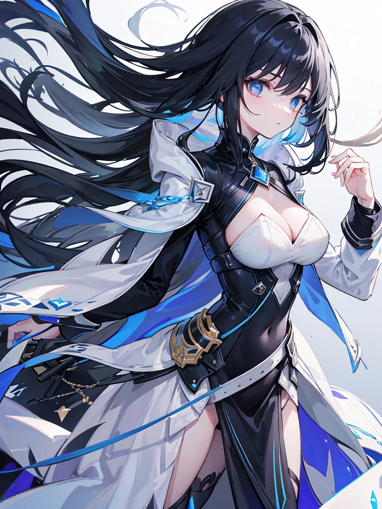 a young woman with shoulder-length, wispy black long hair that gently frames her face, giving her a soft, ethereal appearance. Her eyes are a striking lavender, conveying a sense of mystery and depth. She wears a layered outfit consisting of a long white dress with a subtle shimmer, suggesting a silky texture, and a hint of a dark, form-fitting bodice peeking through the neckline and very tempting cleavage. Over this, she has a large, open-fronted coat with oversized sleeves, the coat's interior and cuffs are adorned with pale blue accents and silver trim, giving a regal and slightly otherworldly effect. She carries a large, black weapon slung over her shoulder; the weapon has a futuristic design with a sleek profile, suggesting advanced technology or magic. Her overall demeanor is confident yet approachable, and she stands straight, her posture commanding but not aggressive. The background should be a neutral gradient to keep the focus on her, evoking a sense of calm and stillness." 8K Ultrasharp