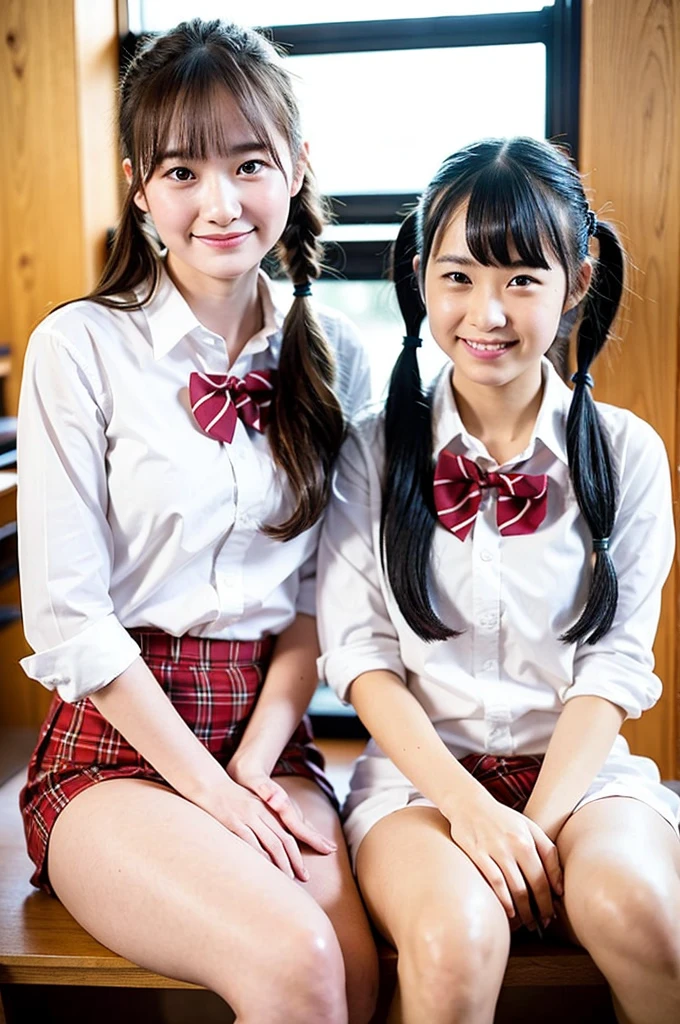 2 girls on desk in wooden school classroom,white shirt with pink bow tie,white thong,hands on crotch,18-year-old,bangs,a little smile,large bare thighs,knees,legs apart,short hair with low pigtails,from before,front light