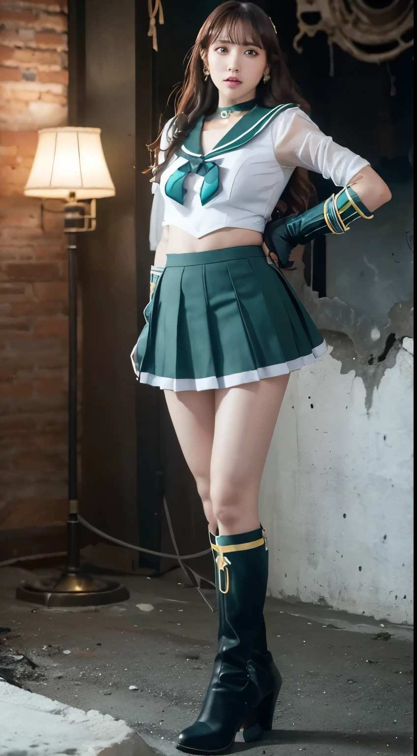 One girl, Sailor Neptune, (Sailor Warrior Uniforms:1.4), Dark green hair, Medium Hair, Pleated skirt, Highest quality, Earrings, masterpiece, High resolution, Intricate details, (( Realistic )), photograph, (White elbow gloves:1.1), jewelry, Mid-chest, whole body, Dynamic Background, Dynamic posture, High heels,,More detailed 8K.Unreal Engine:1.4,超High resolution,La Highest quality:1.4, Realistic:1.4, Skin Texture:1.4, masterpiece:1.8,First Job, Highest quality,Object Object], (Detailed facial features:1.3),(Fine hand),(Ciudad Destroyada Apocalyptic:1.7),Over the knee boots: 1.1), choker, White gloves, Gargantilla Verde, Elbow Gloves, gem, Earrings, Green Skirt, only, Full Body Vian, Perros Verdes,