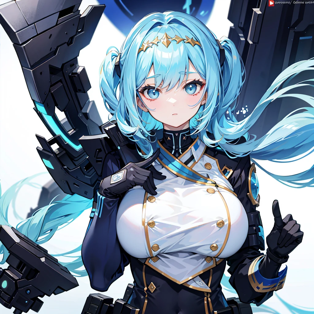 One huge breasted girl，solo，Pentacephalus，Small man，light blue hijab，Black Officer&#39;s Cap，The black policeman opened his coat.，polite smile，Blue Eye Color，Eagle，Sky Sky，[White background 1：：5]，(Full Body Lesbian)，2D Style，Game stand up drawing style,Dynamic composition、Super huge、detailed、whole body、