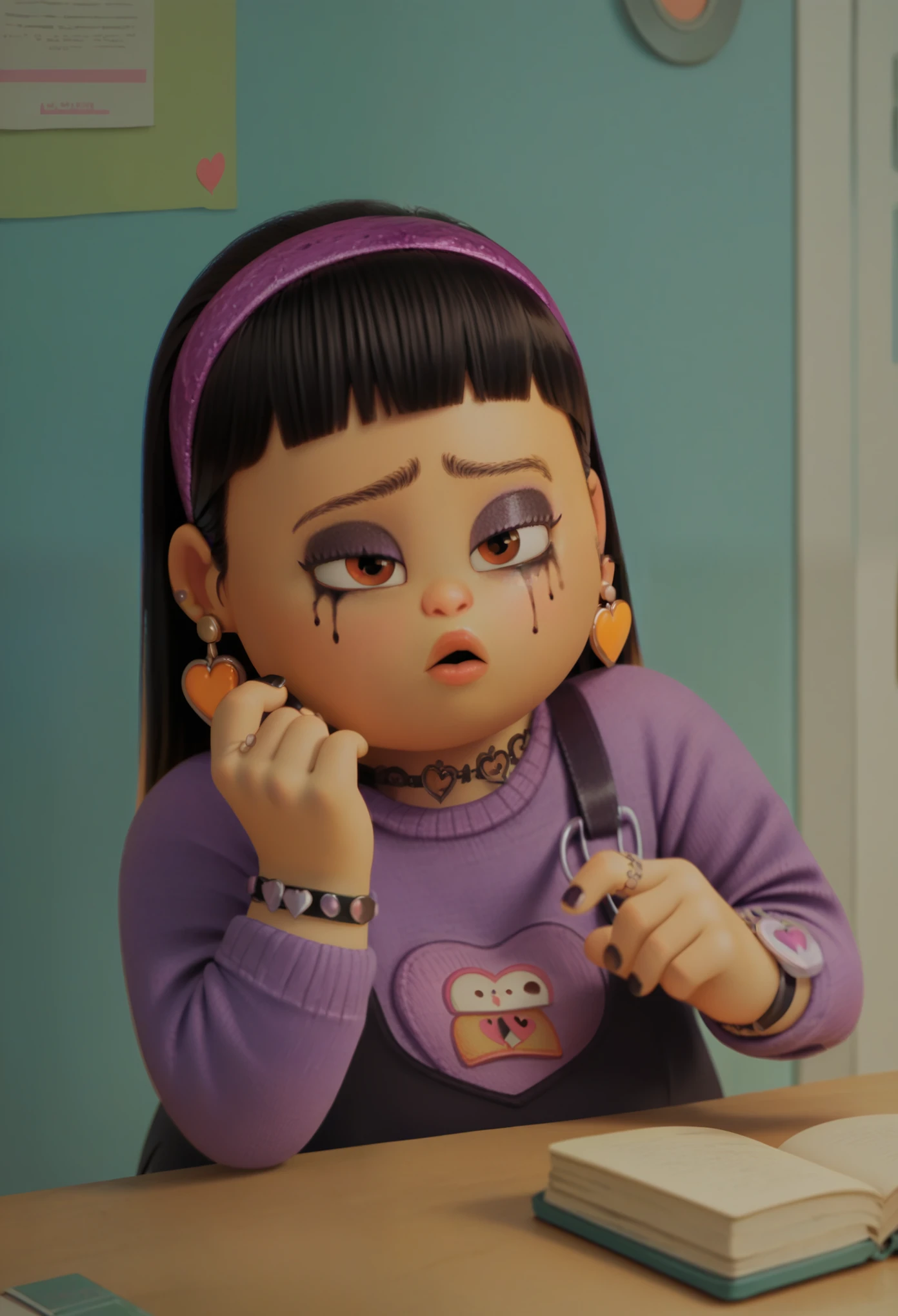 a_p, 1girl, plump, long black hair, fringe hair, brown eyes, hairband, heart earrings, goth outfit, goth makeup,, score_9, score_8_up, score_7_up,