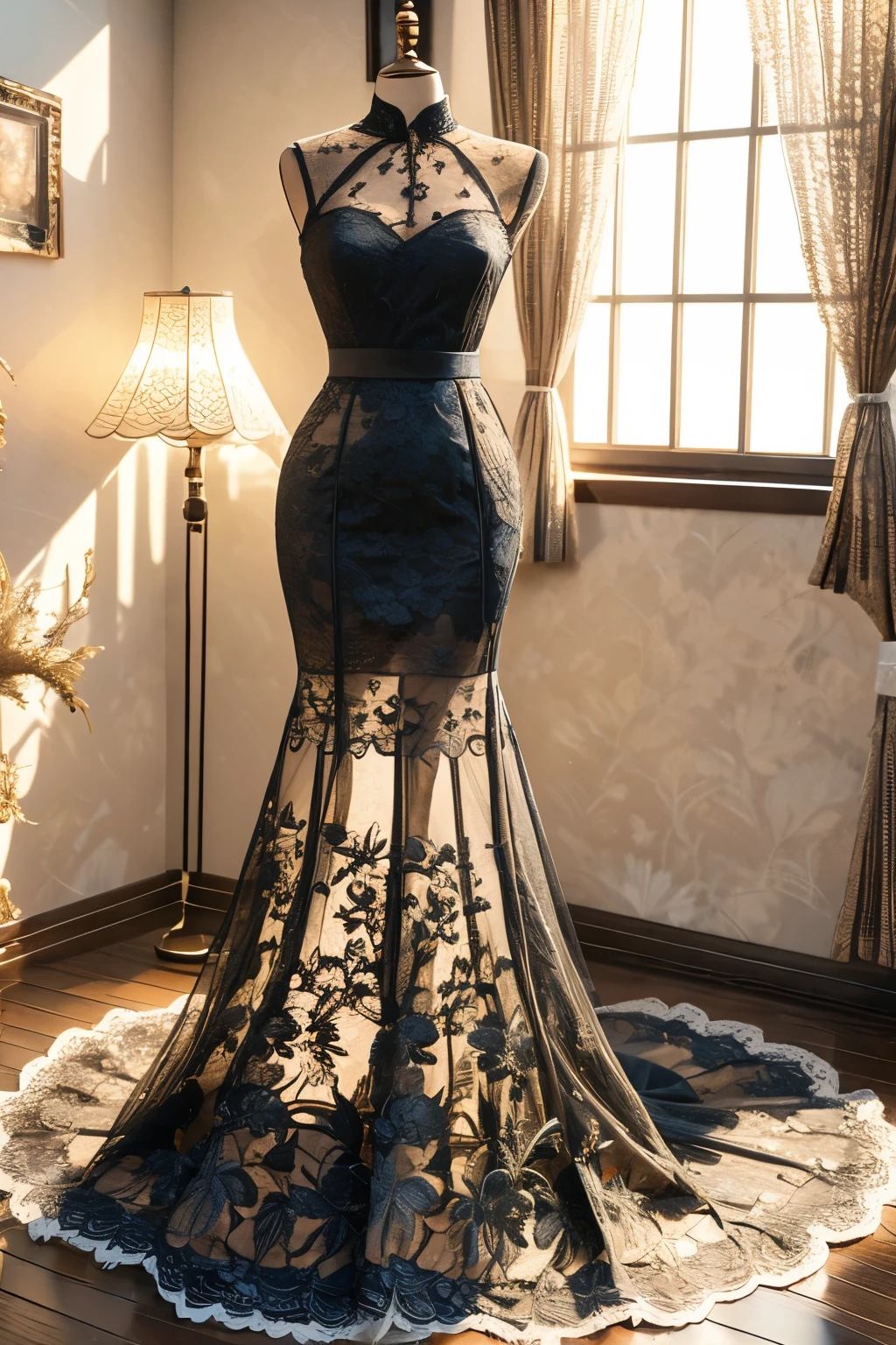 Black laceで出来た晚礼服, Beautiful lace evening dress, Lace lingerie for room decoration, indoor, Black lace, Very delicate lace, best quality:1.2, 4K, 8K, Very detailed, High Detail, masterpiece:1.2,, Ultra wide angle